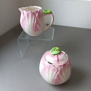 Bombay‎ Cream and Sugar Bowl Set Ceramic Cabbage Pink MCM Tea Time Retro Girly